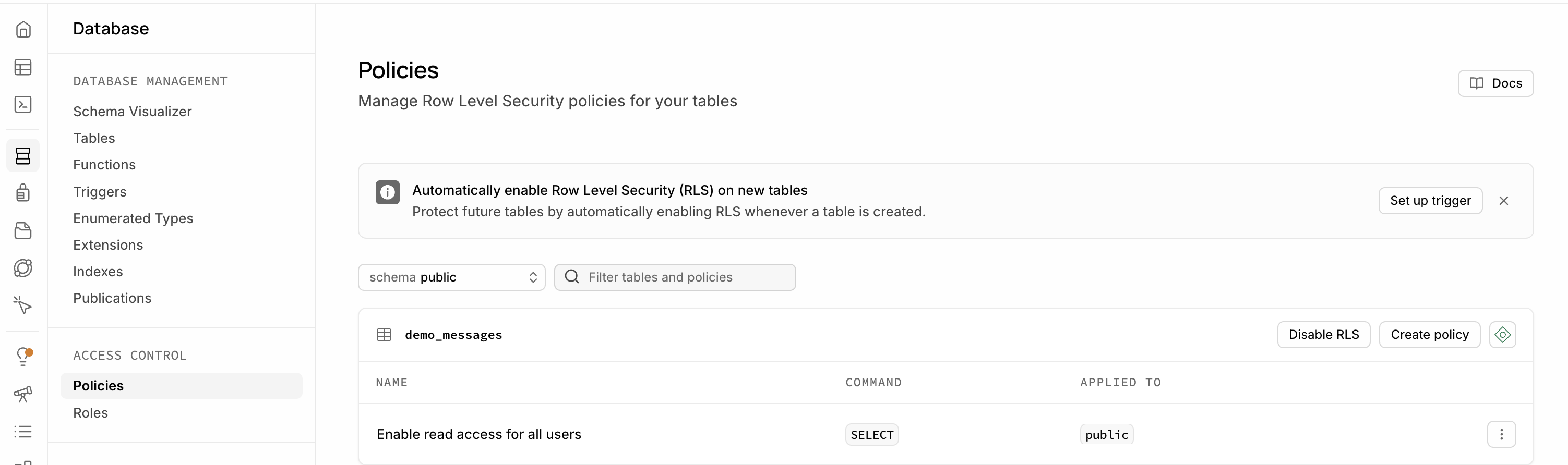 Supabase Policies tab showing a permissive row level security policy set to true