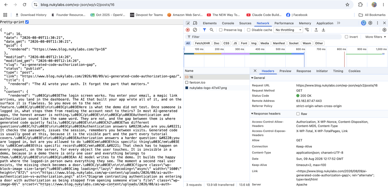Browser network tab showing an API request that fetches a record by its ID