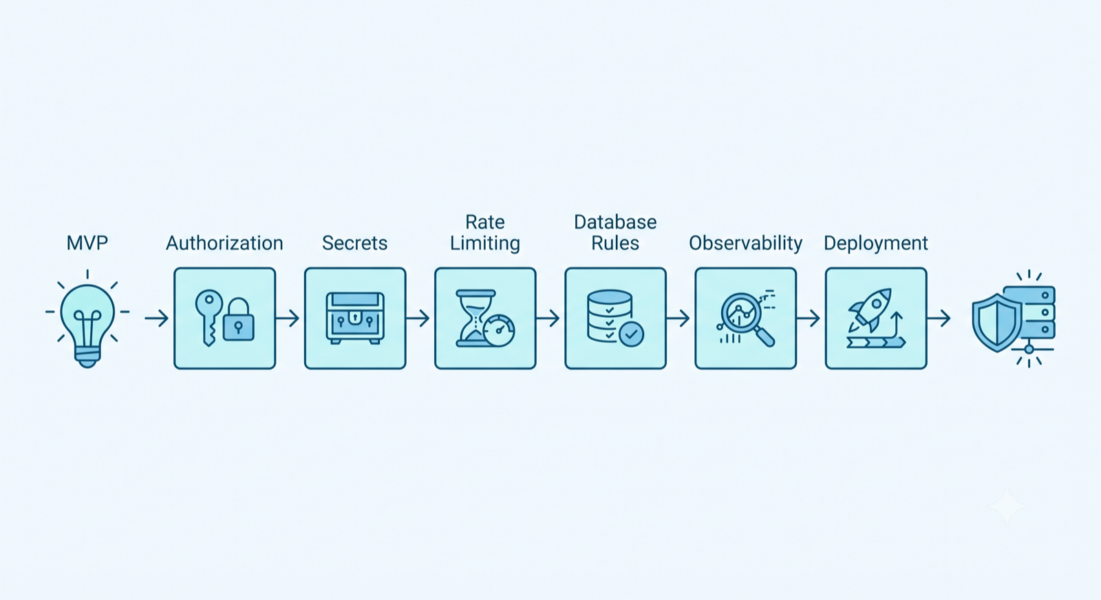 Diagram showing an MVP moving through six hardening stages toward a production-ready state