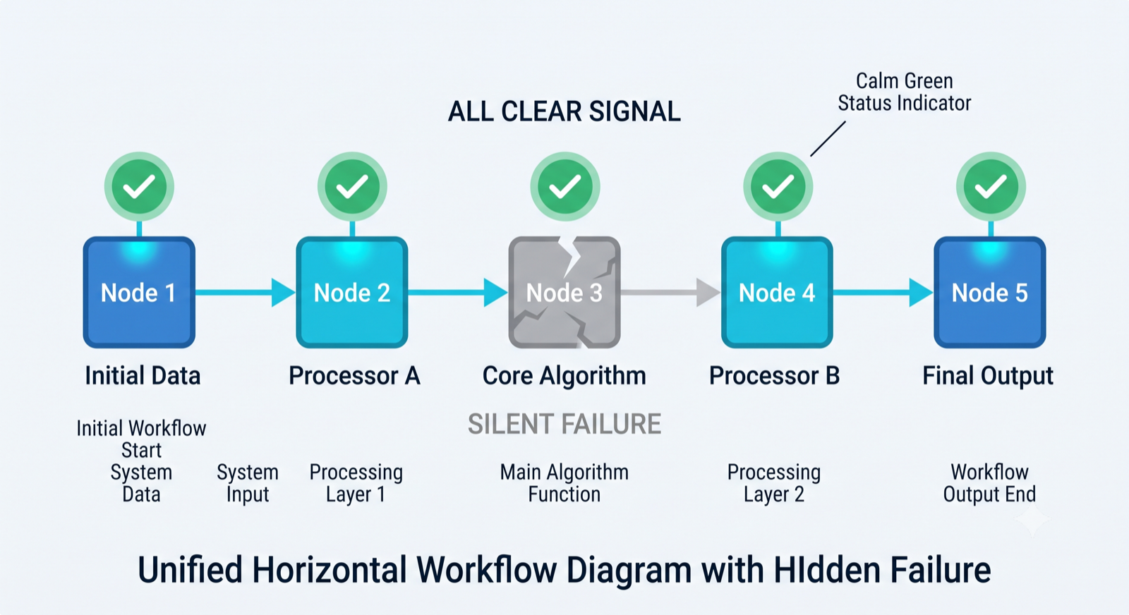 Diagram of a workflow with one silently broken step while the overall status still shows green